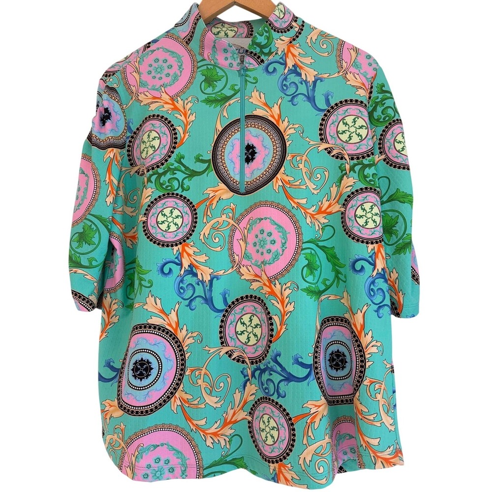 IBKÜL Sun Shirt XXL Teal Baroque Medallion 1/4 Zip Mock Neck UPF 50+ Icefil Top